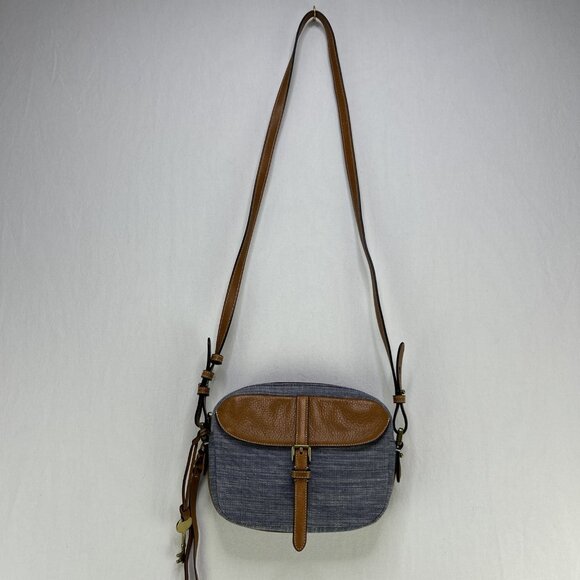 Fossil Purse Crossbody Leather & Denim Soft Navy/Tan with Braded Fringe Small - Picture 2 of 8